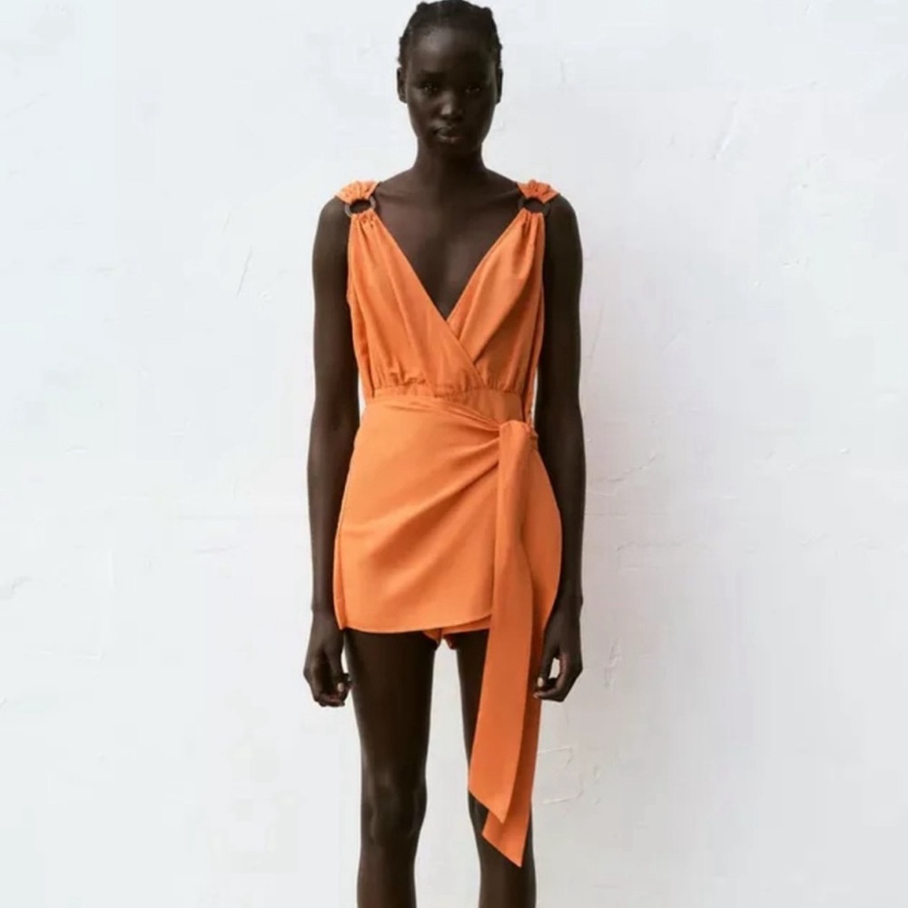 Zara Crossover Tied Wrap Romper, Orange, size XS